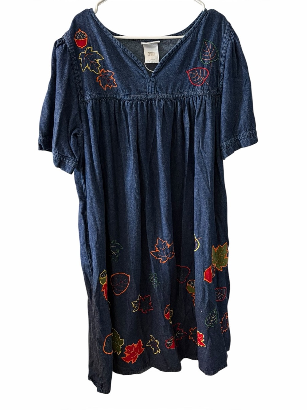 National 90s Vintage Embroidered Leaves Fall Cottagecore Denim House Dress Sz 2x